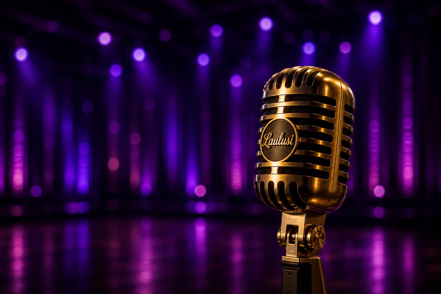 A golden Laulusi-branded microphone on a purple stage